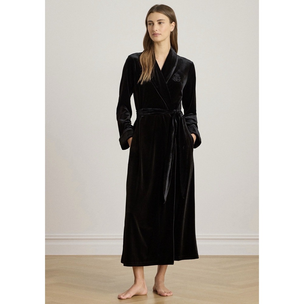 Lauren Ralph Lauren Black Shawl Monogram Crushed Velvet Robe Long Women's  Sz M
